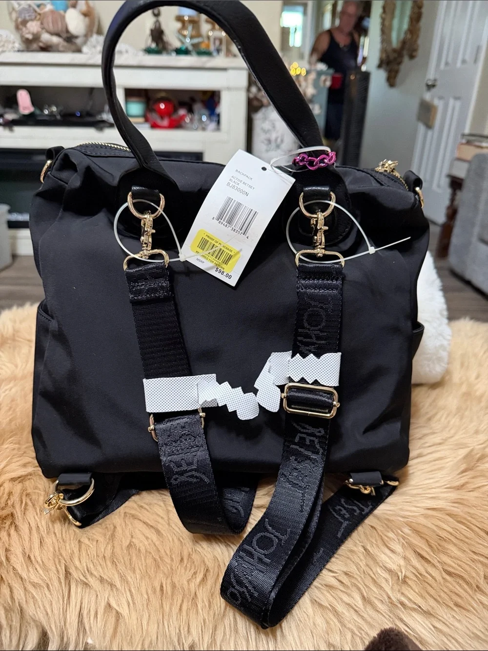 Betsy Johnson Black Bow Convertible Backpack/X Body/Shoulder NWT